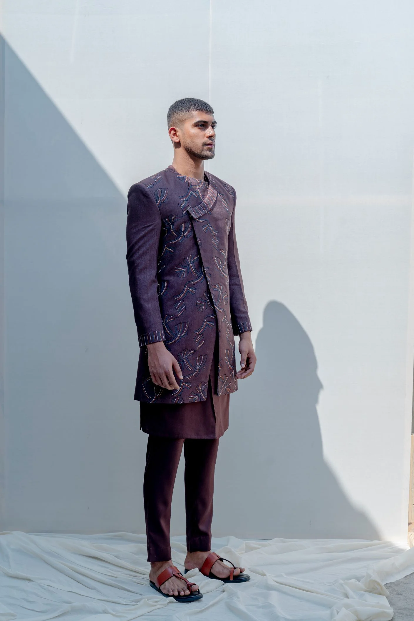 Abberant- Brown Asymmetric Embroidered Achkan With Kurta Set - Image 3