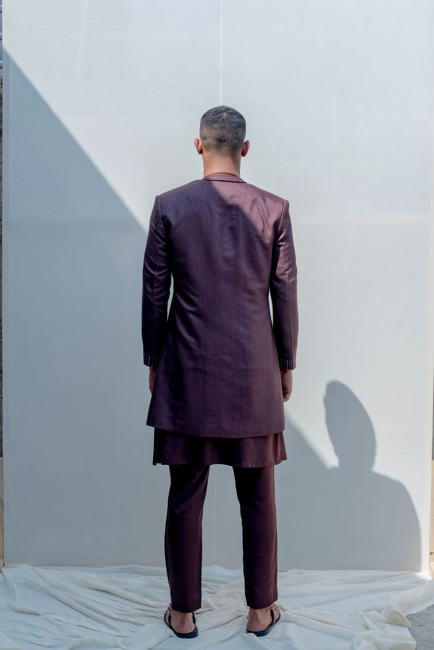 Abberant- Brown Asymmetric Embroidered Achkan With Kurta Set - Image 4