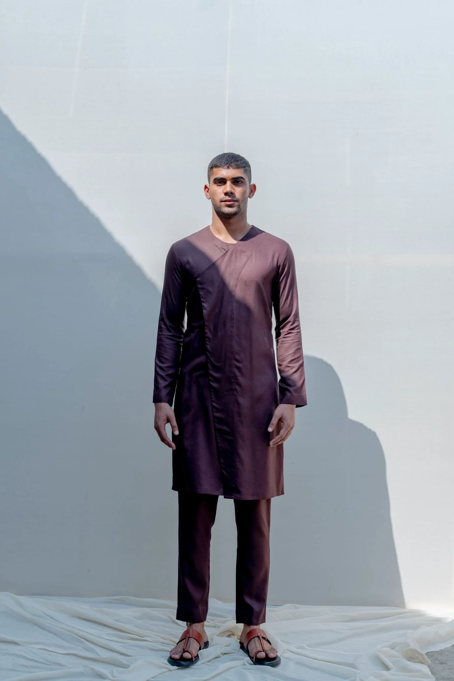 Abberant- Brown Asymmetric Embroidered Achkan With Kurta Set - Image 8