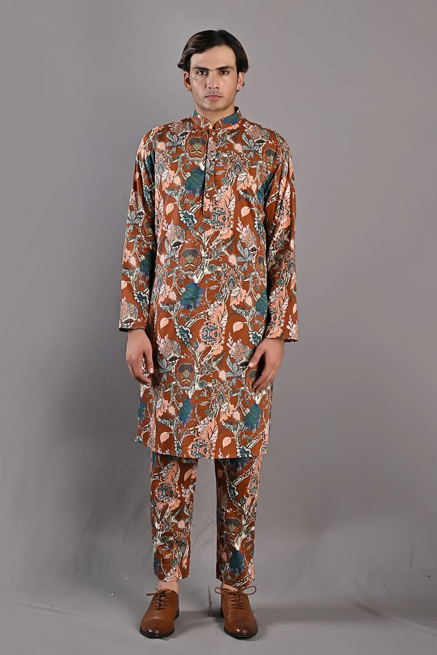 Aciano -  Teal Green, Maroon & Multi printed Open Jacket  with Kurta Set - Image 6