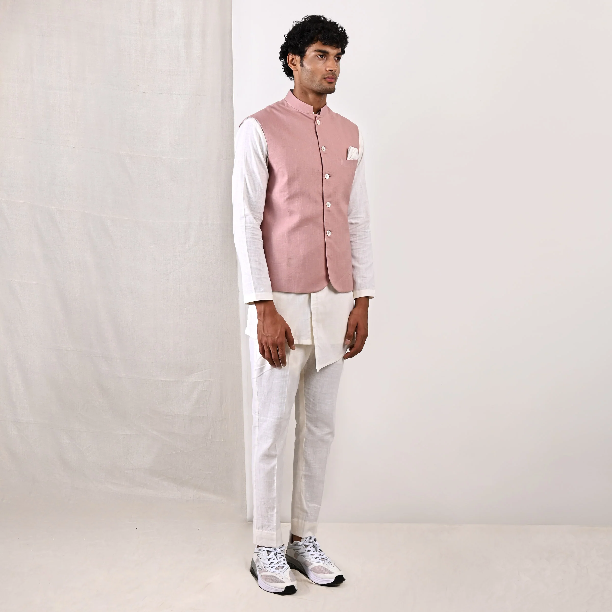 Alistair - Mauve Nehru Jacket with Off-White Asymmetrical Overlapped Kurta Set - Image 4