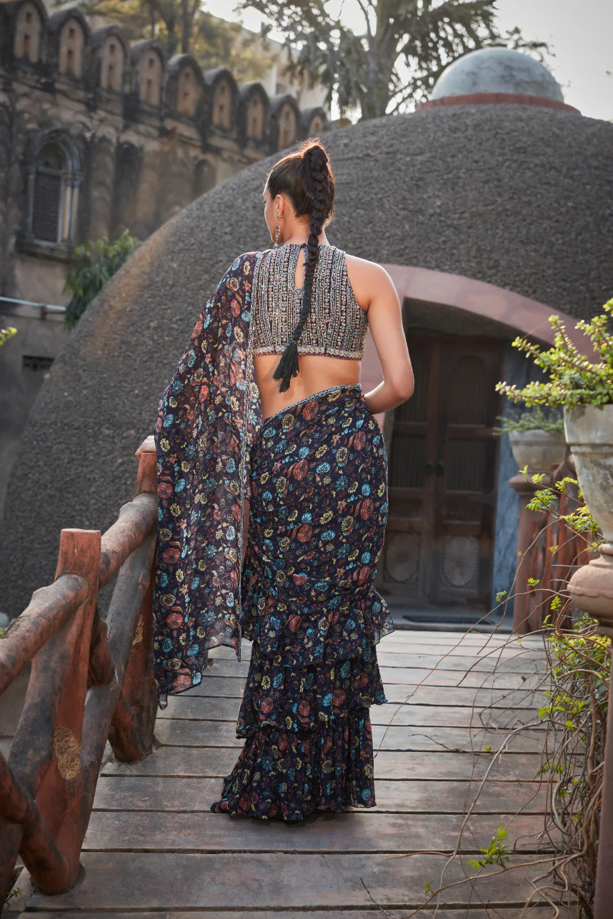 Amari- Printed Ruffle Saree Set - Image 4