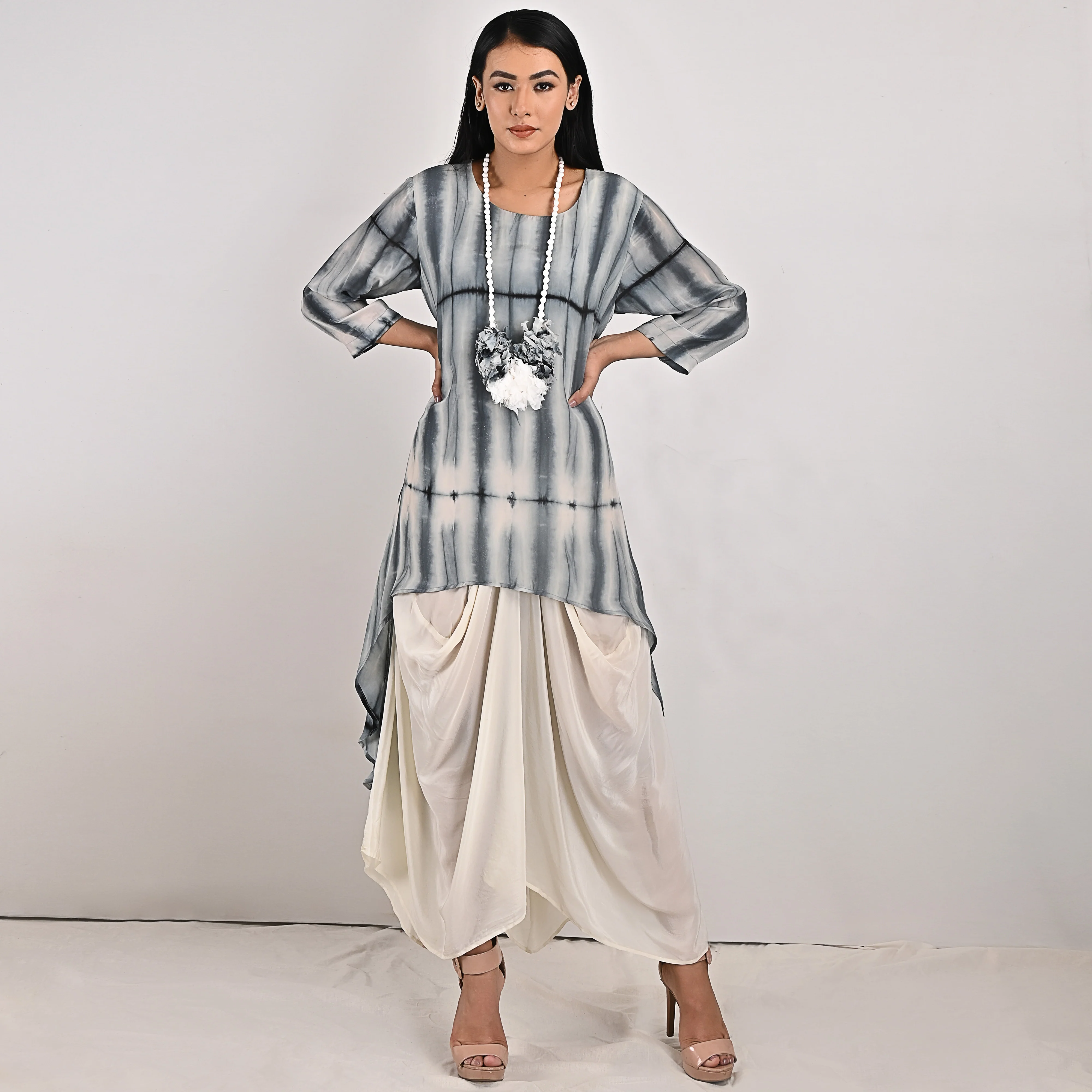 Amelia - Off-White, Black & Grey Tie & Dye Cowl Dress