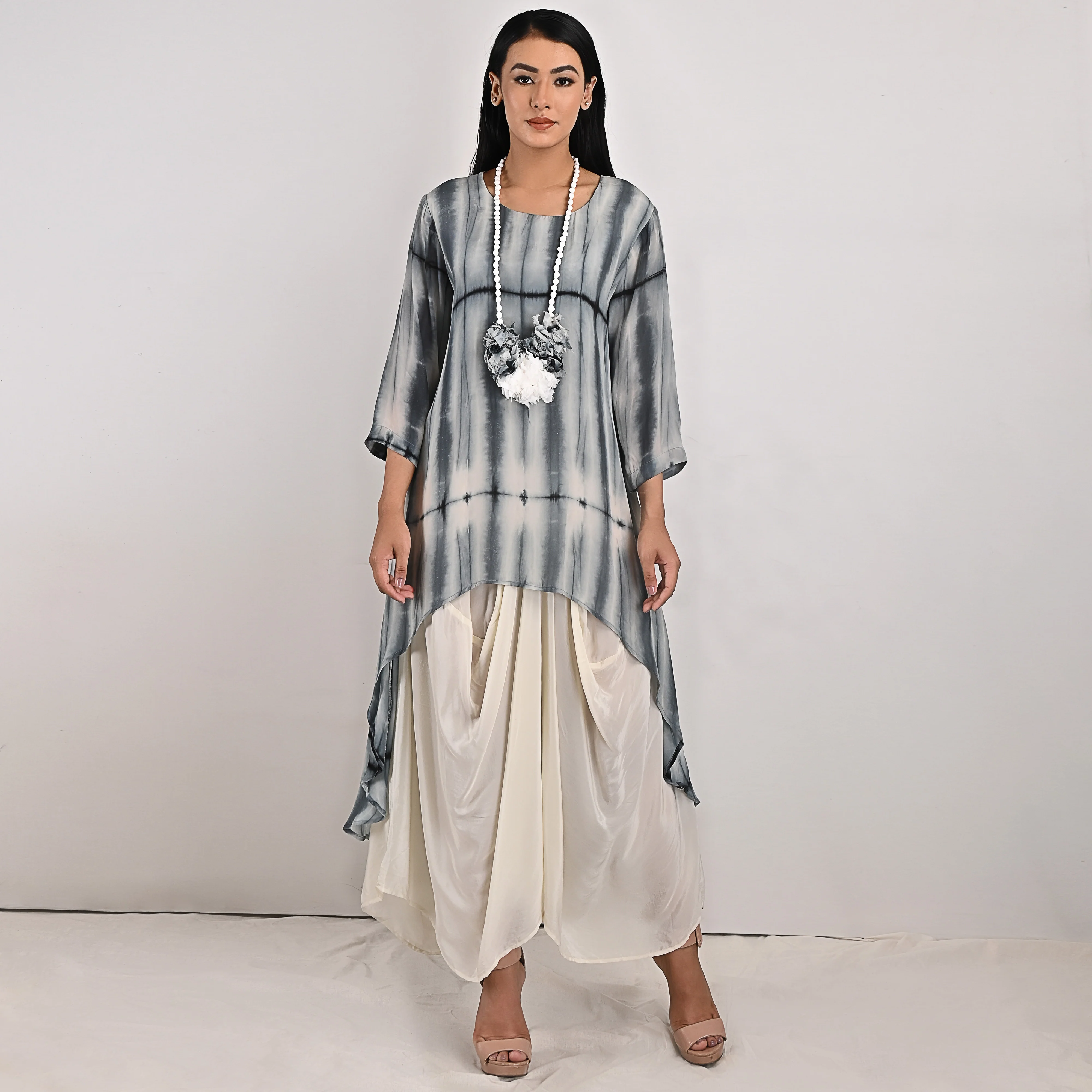 Amelia - Off-White, Black & Grey Tie & Dye Cowl Dress - Image 2