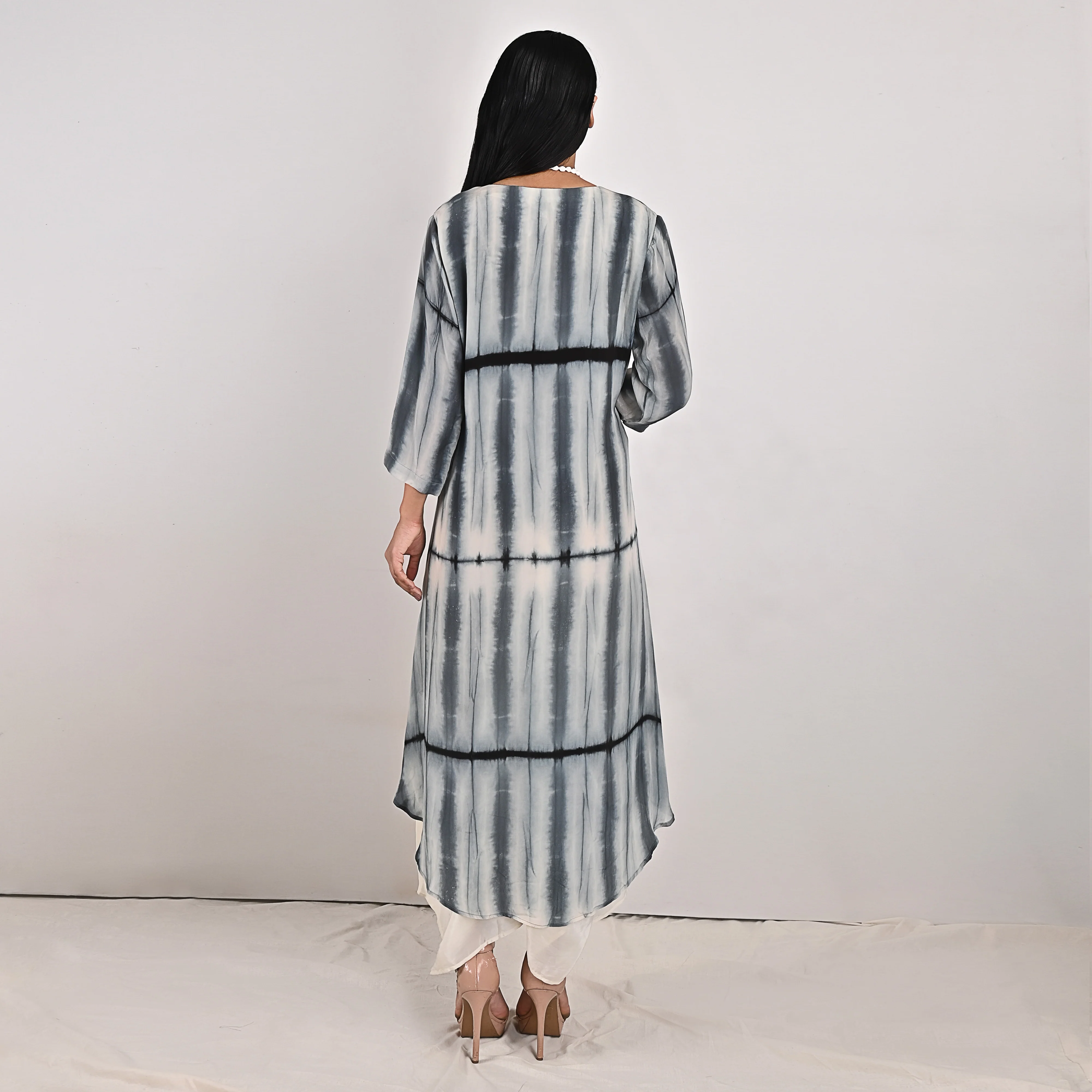 Amelia - Off-White, Black & Grey Tie & Dye Cowl Dress - Image 3