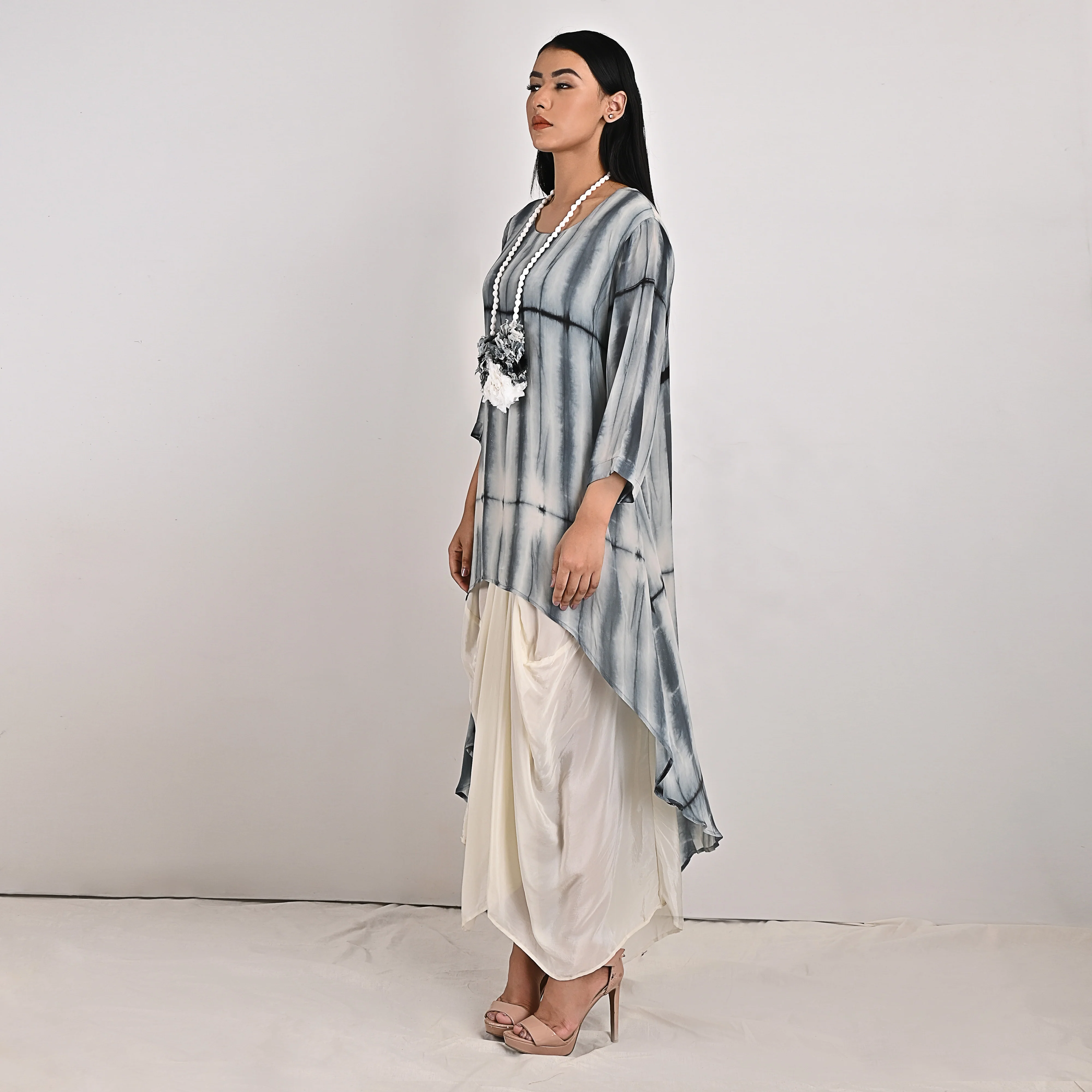 Amelia - Off-White, Black & Grey Tie & Dye Cowl Dress - Image 4
