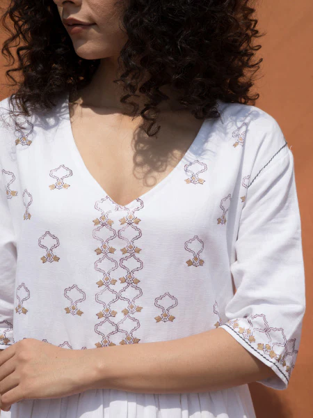 White Block Printed Knee Length Dress with V Neckline - Image 3