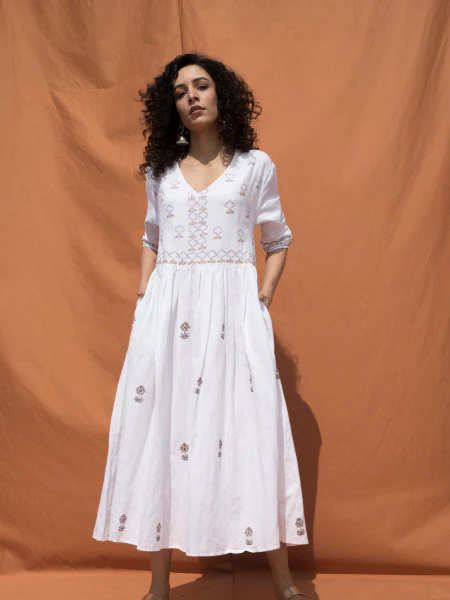 White Block Printed Knee Length Dress with V Neckline - Image 4