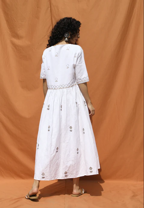 White Block Printed Knee Length Dress with V Neckline - Image 5