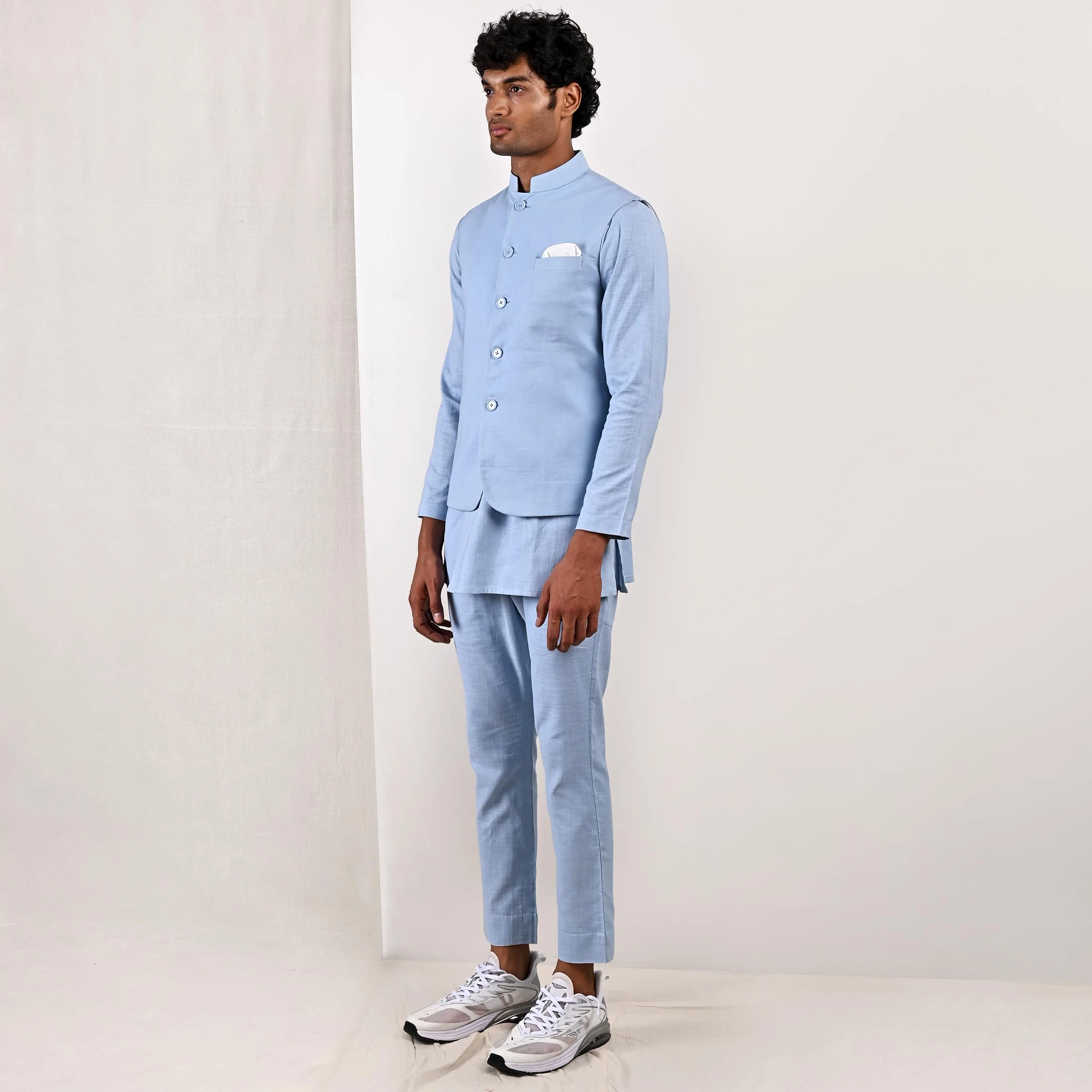 Ashton - Light Blue Nehru Jacket with Asymmetrical Kurta Set - Image 4