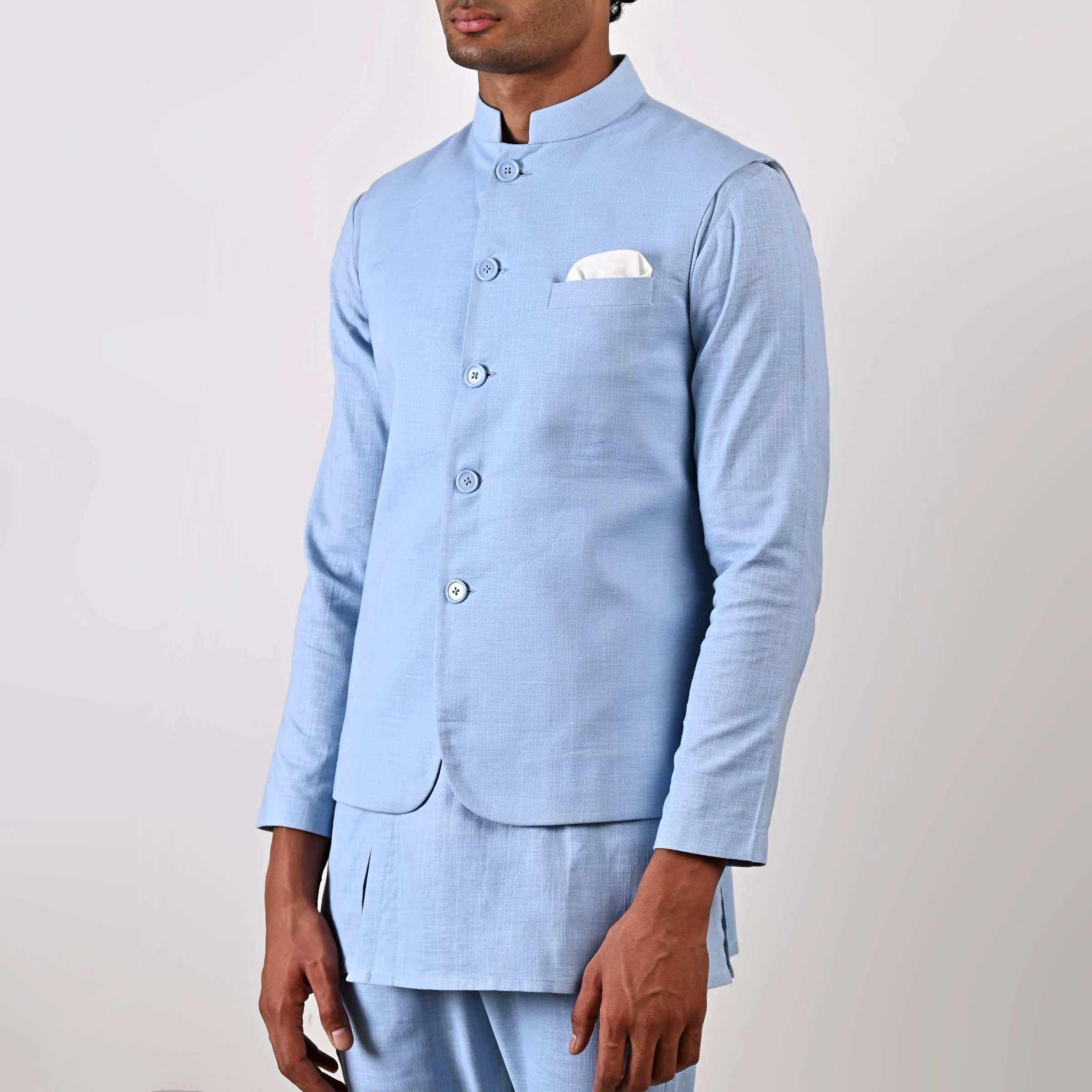Ashton - Light Blue Nehru Jacket with Asymmetrical Kurta Set - Image 5