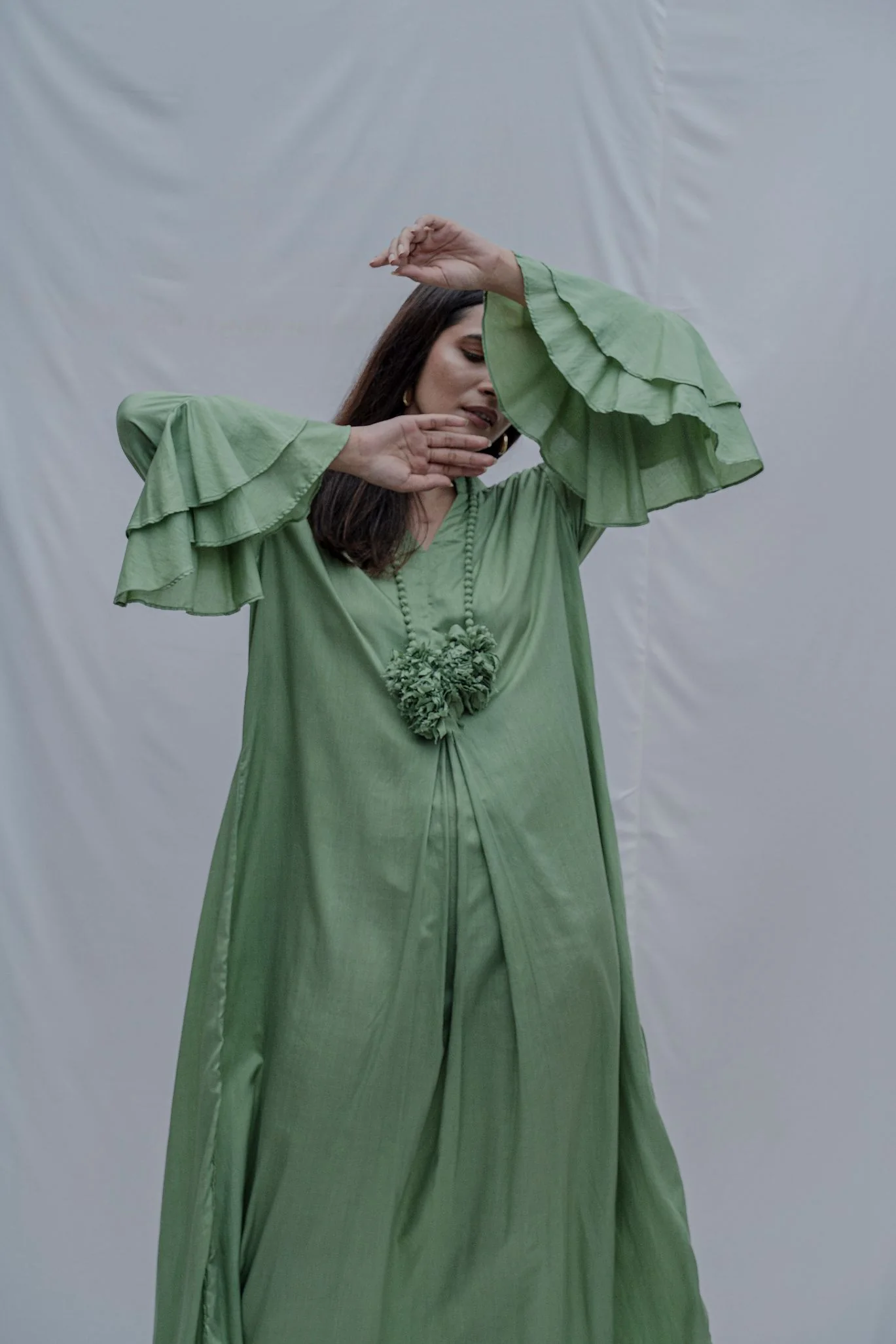 Light Green Asymmetric Cowl & Necklace Dress - Image 3