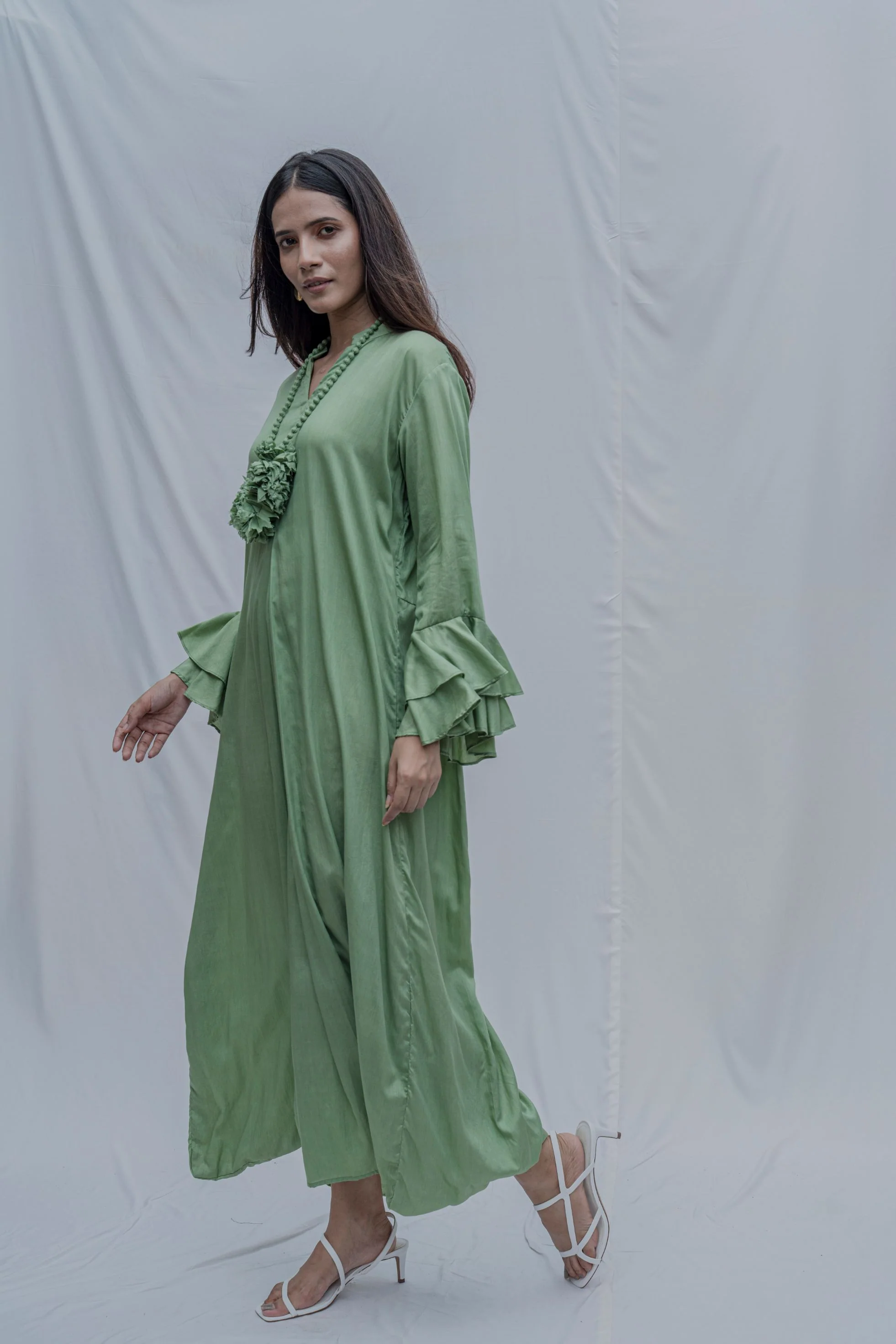 Light Green Asymmetric Cowl & Necklace Dress - Image 4