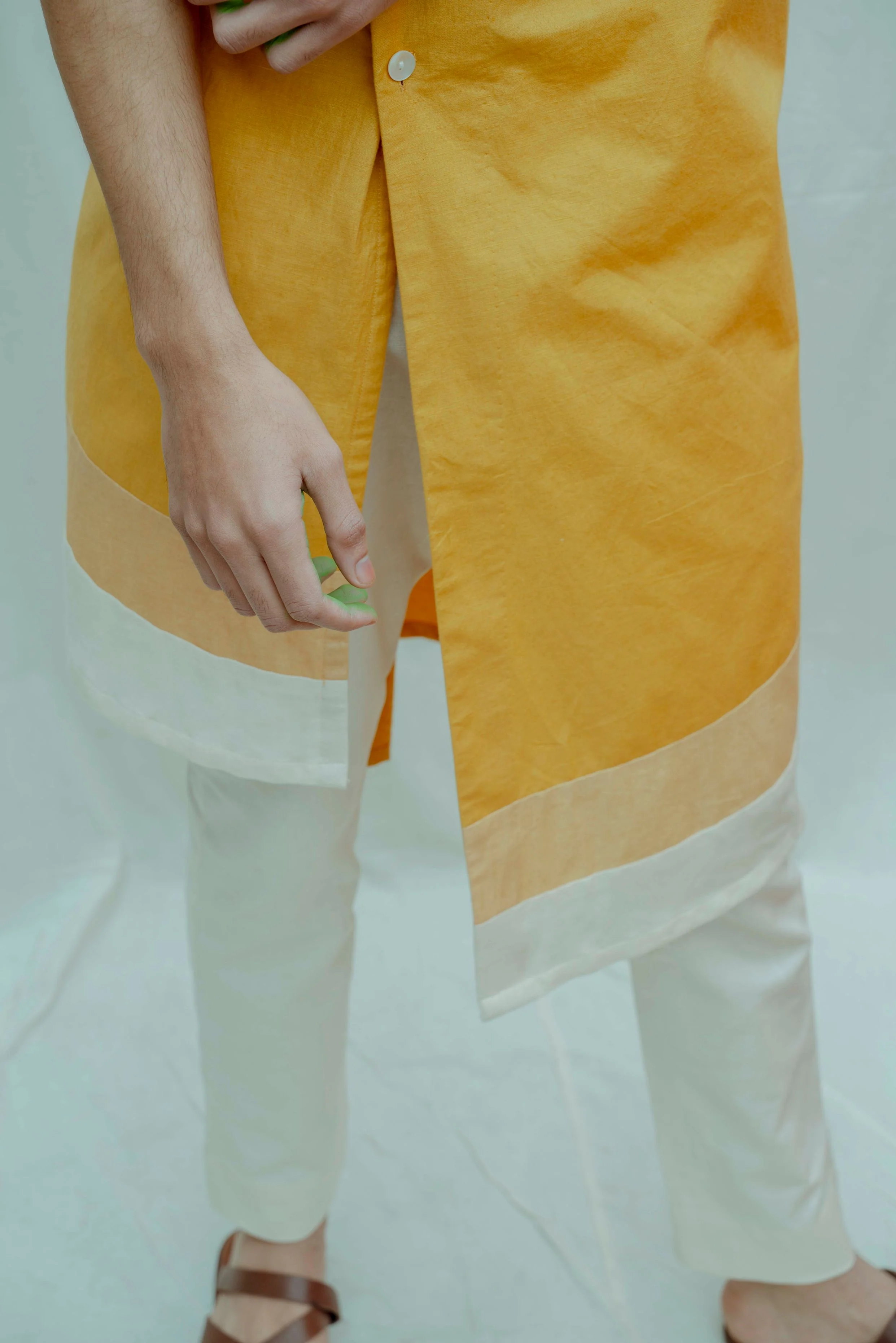 Mustard Asymmetric Flap Neck Kurta with Off White Pant Set - Image 3
