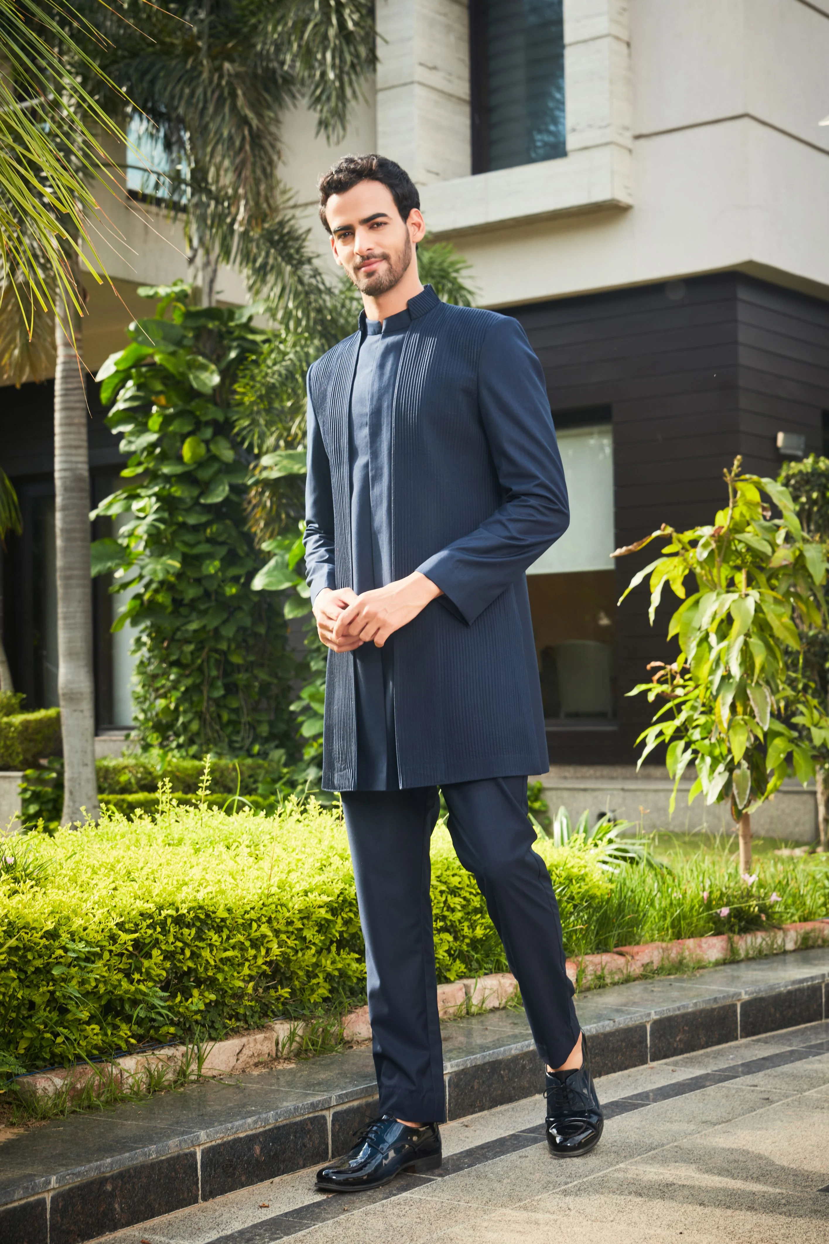 Barry- Navy Blue Pintucks Indo-western Set - Image 3