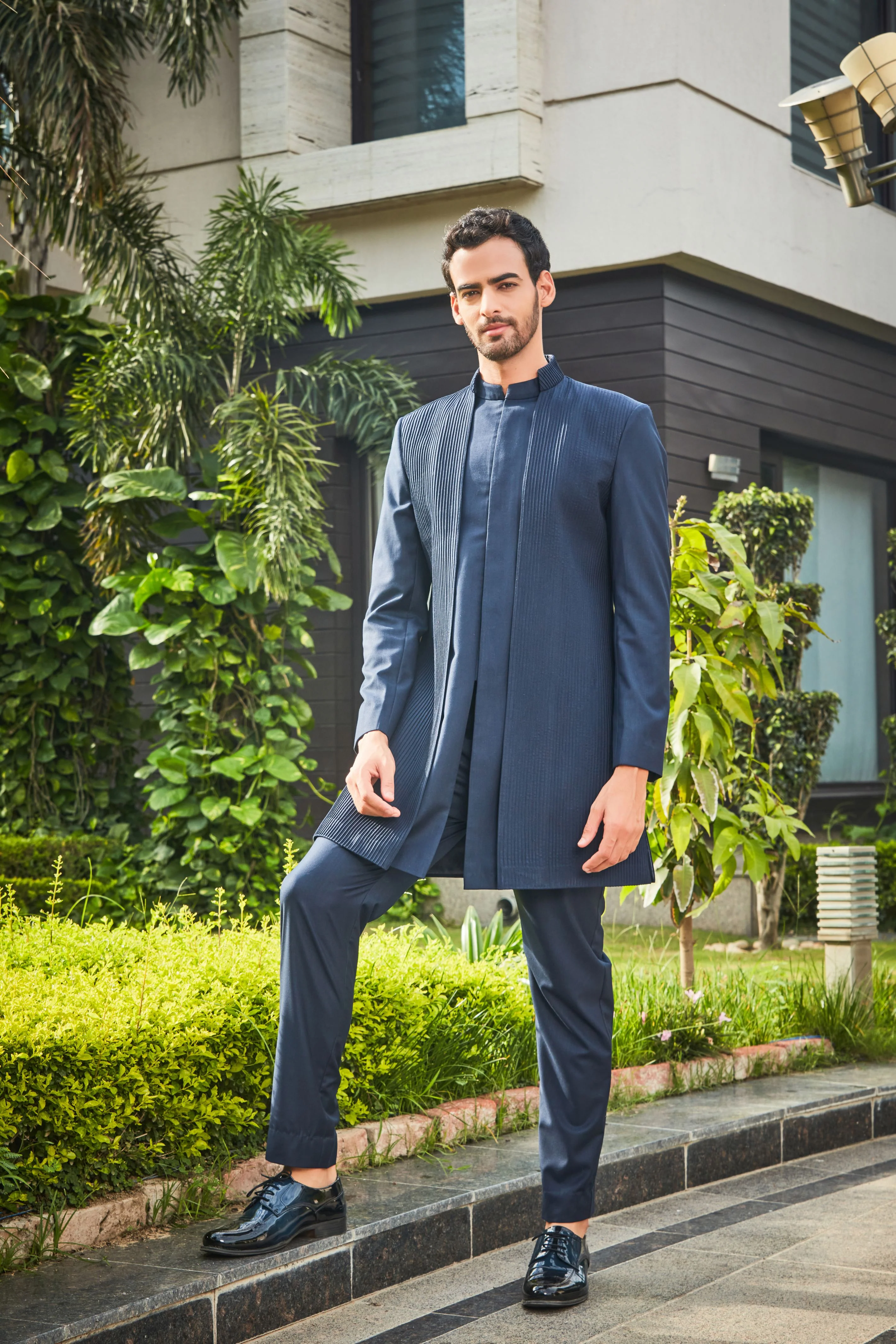 Barry- Navy Blue Pintucks Indo-western Set - Image 5