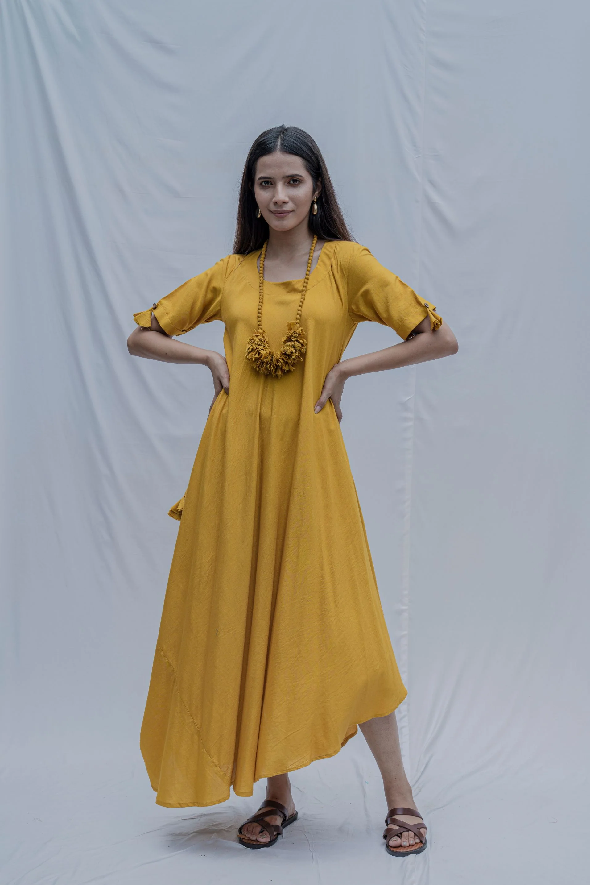 Mustard Bias Dress with Necklace - Image 5
