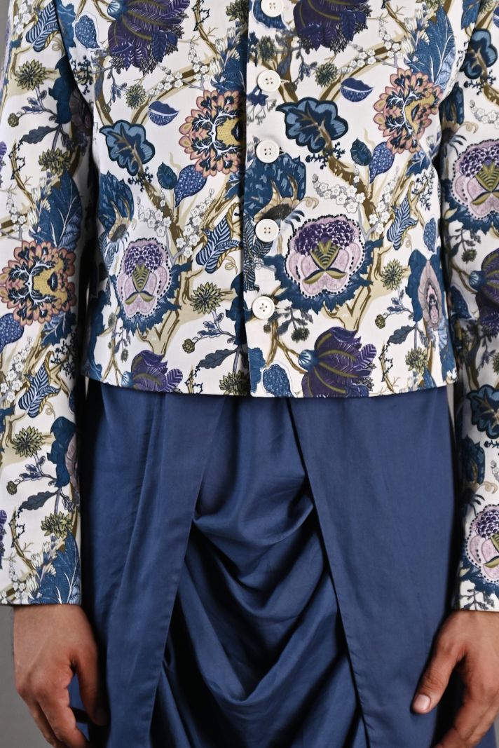 Blodwyn - Multi Blue Printed Short Jacket With Blue Cowl Kurta & Tulip Pant Set - Image 2