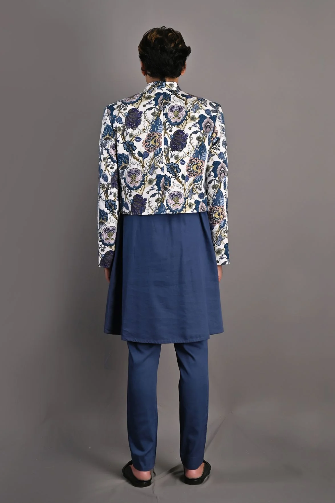 Blodwyn - Multi Blue Printed Short Jacket With Blue Cowl Kurta & Tulip Pant Set - Image 3