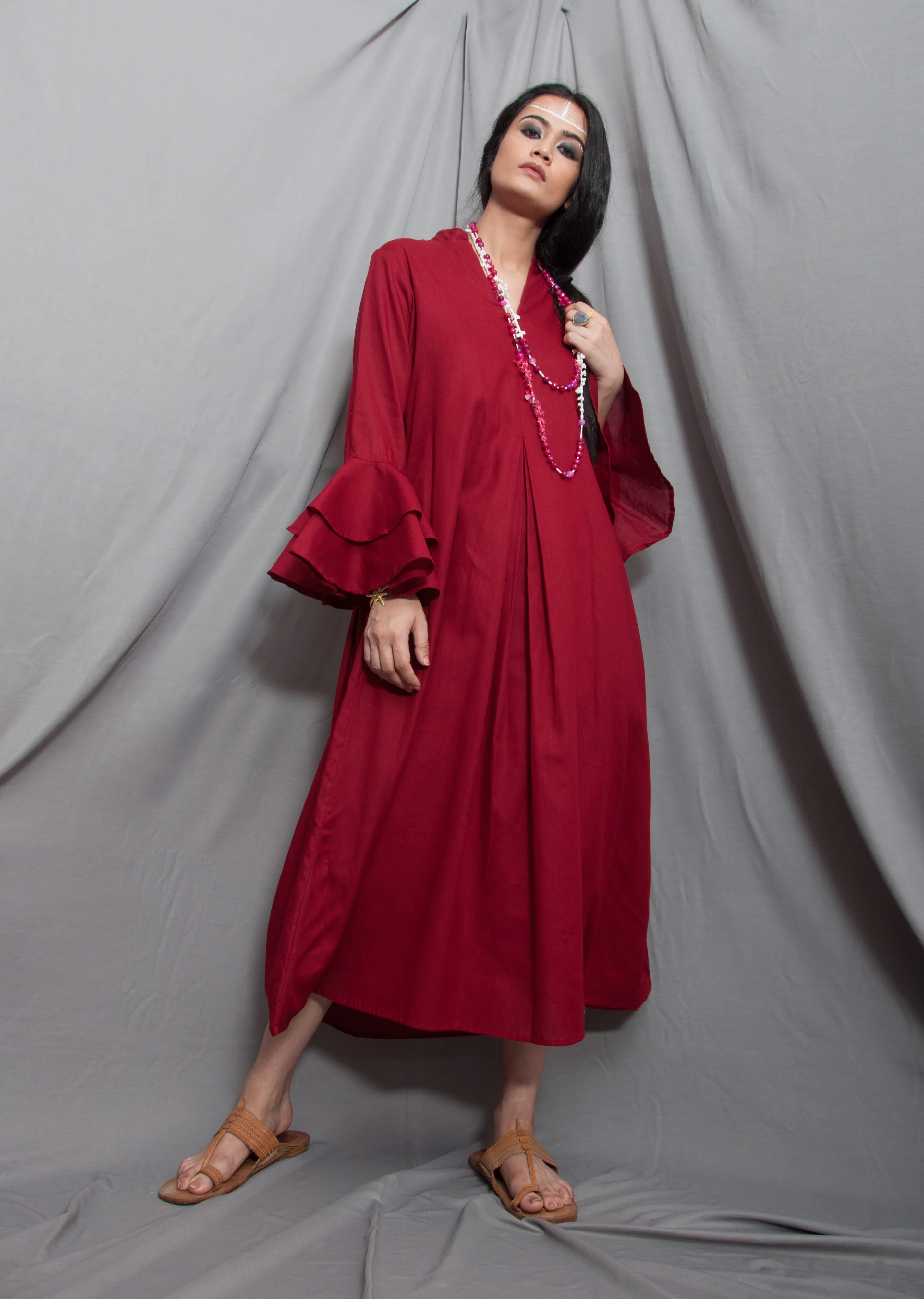 Baalance - Maroon Long Cowl Dress with Bell Sleeves - Image 3
