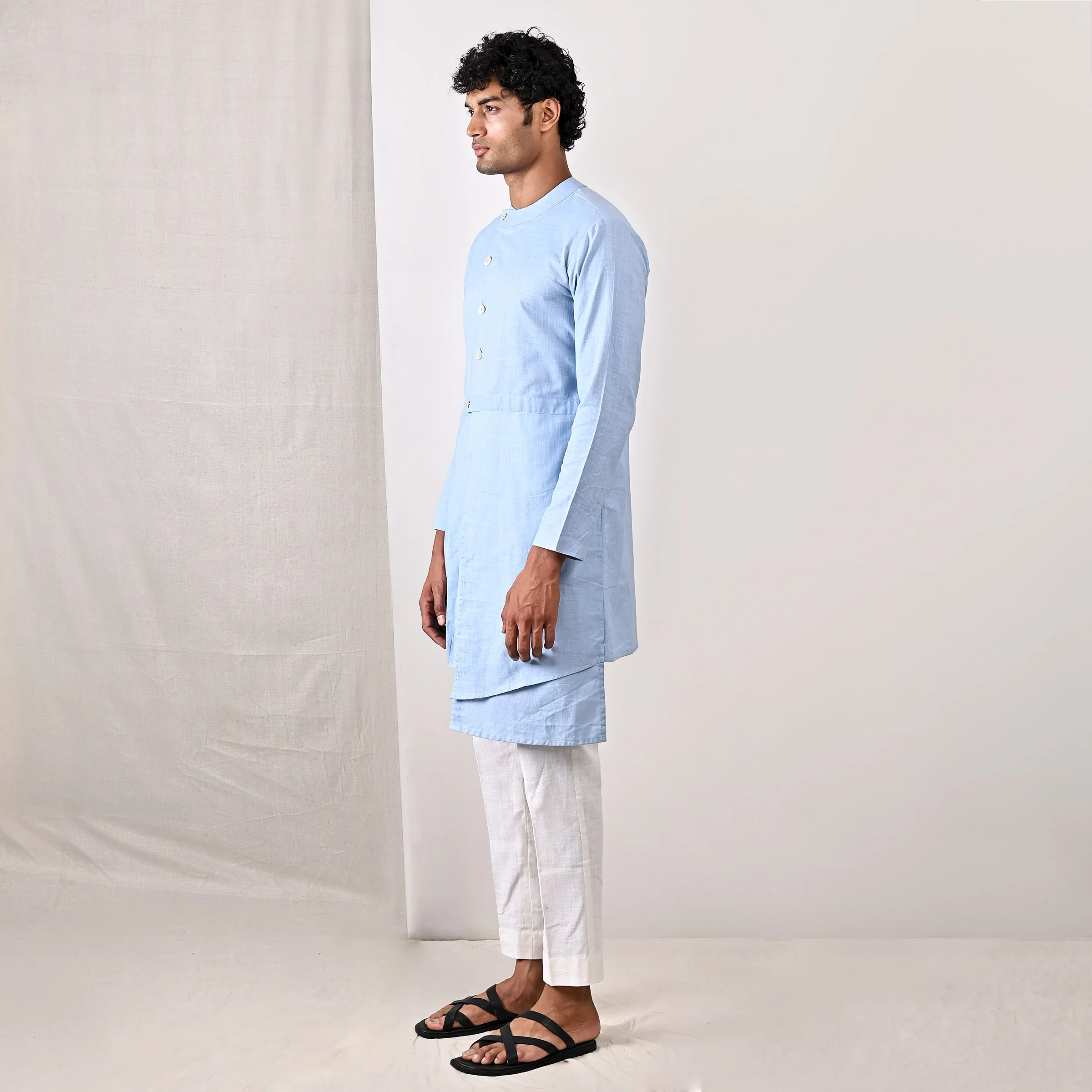 Braxton - sky Blue Asymmetrical Pleated Kurta Set - Image 3