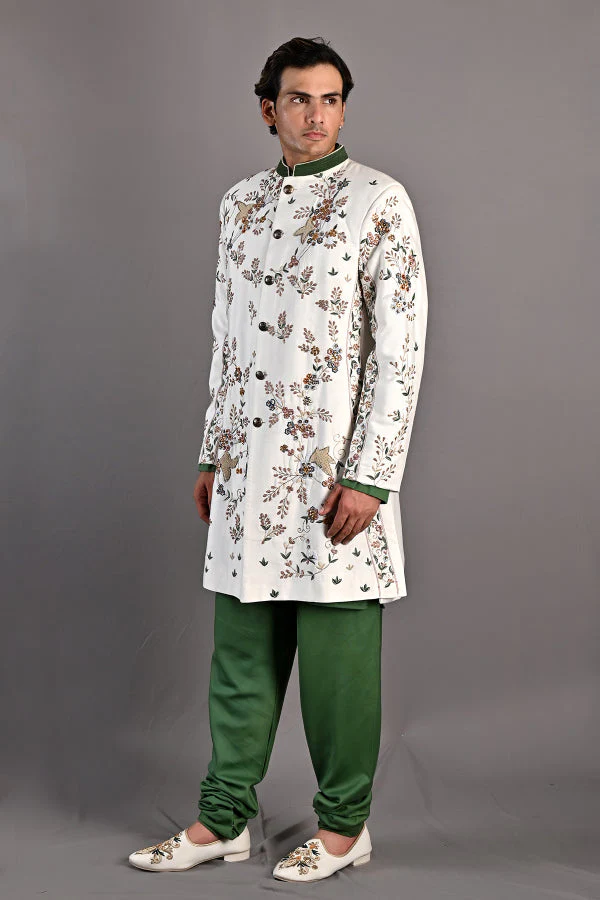 BROOK - OFF WHITE HAND EMBROIDERED SHERWANI JACKET SET - Image 3