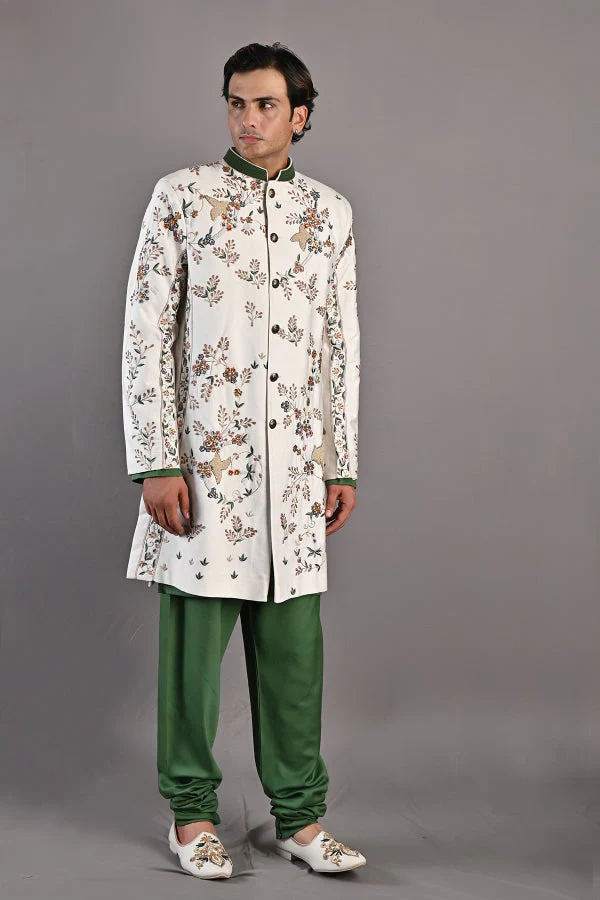 BROOK - OFF WHITE HAND EMBROIDERED SHERWANI JACKET SET - Image 4