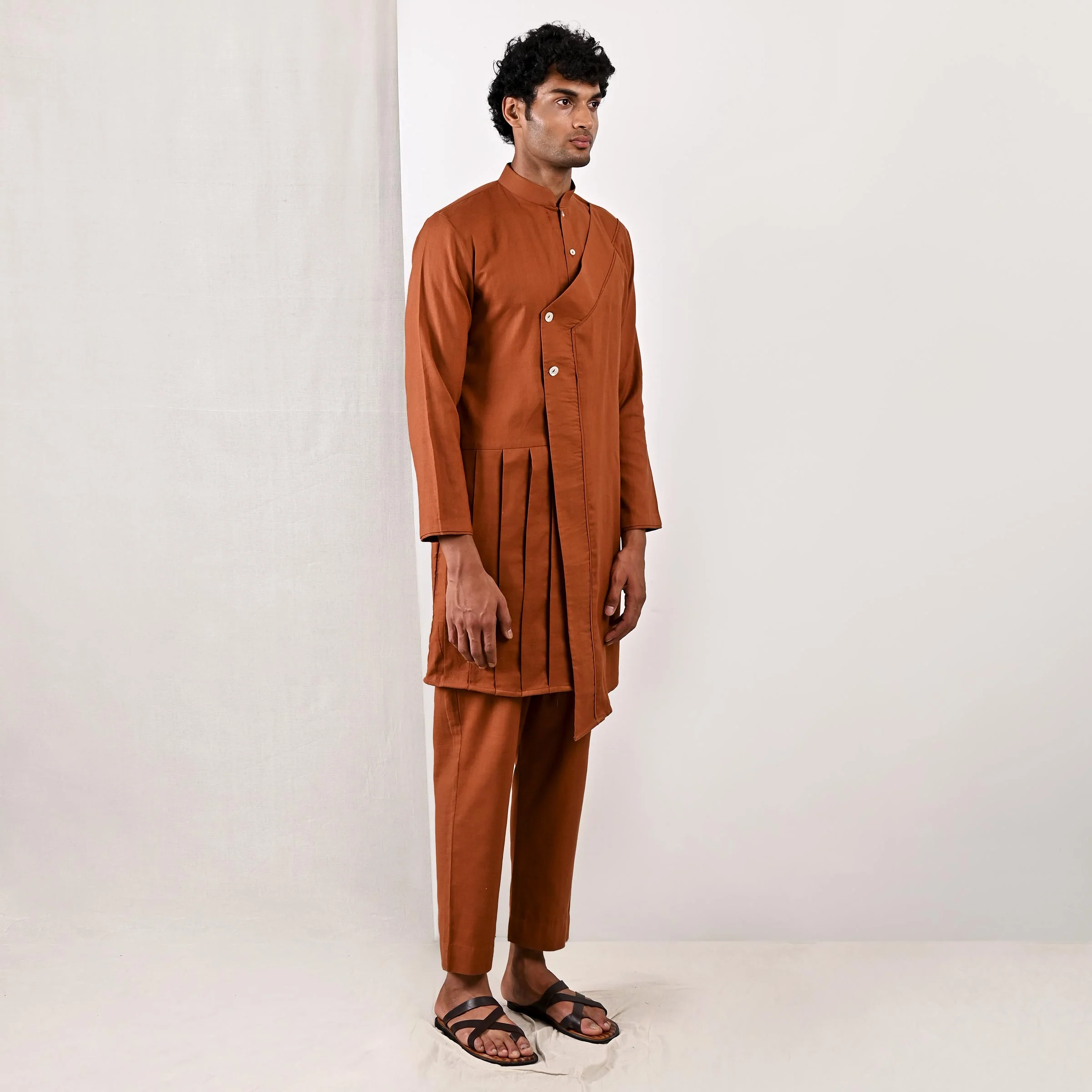 Byran - Tan Asymmetrical Pleated Kurta Set - Image 2