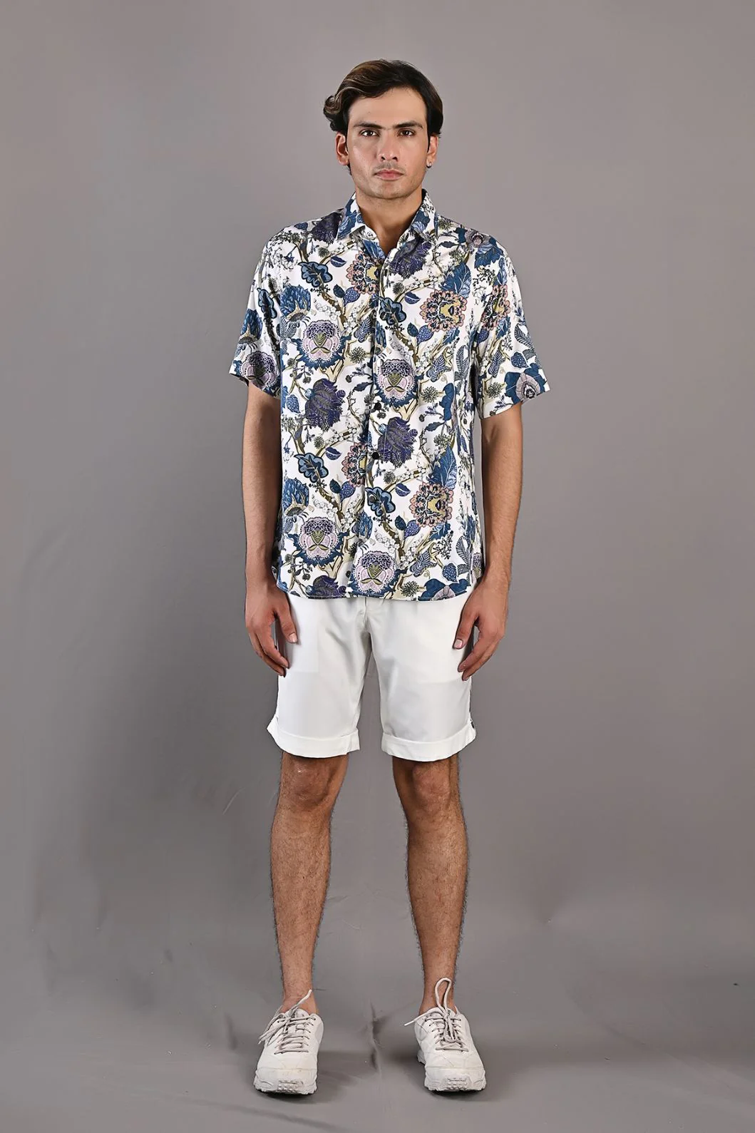 Caesar - Multi Blue Printed Shirt with Off-White Shorts Set