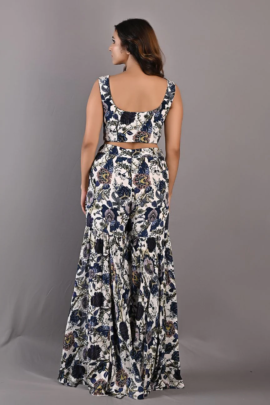 Cassia - Off White & Multi-Blue Printed & Embroidered Crop Top With Cape & Sharara Set - Image 8