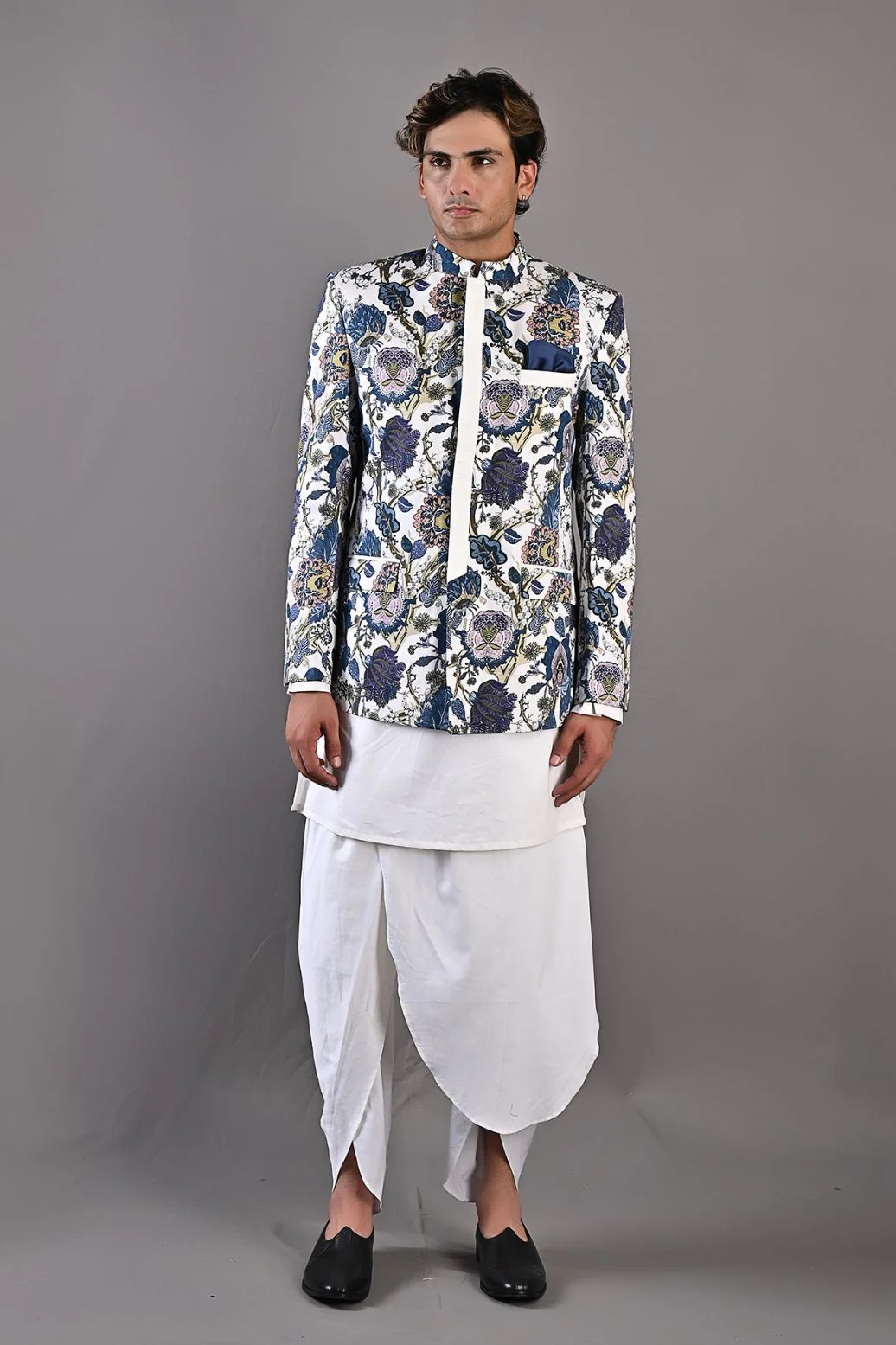 Cedar - Multi Blue Printed Bandhgala Jacket With Off White Kurta & Tulip Pant Set - Image 2