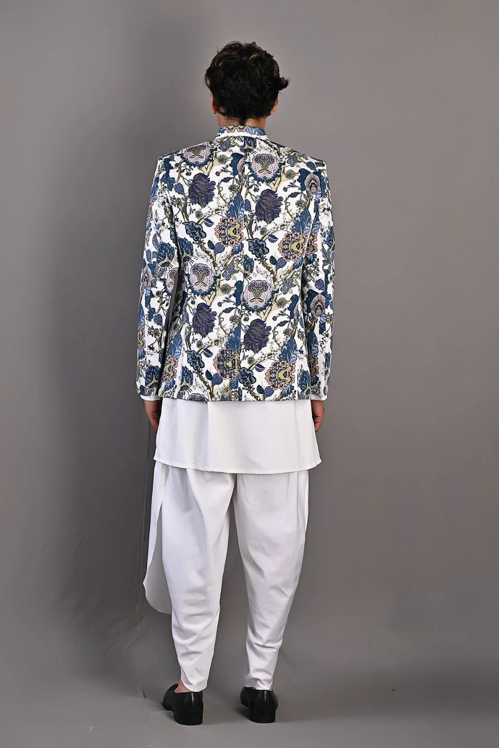 Cedar - Multi Blue Printed Bandhgala Jacket With Off White Kurta & Tulip Pant Set - Image 3