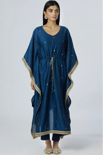 Chanderi Silk Kaftan Pant Set in Turquoise Blue - Image 4