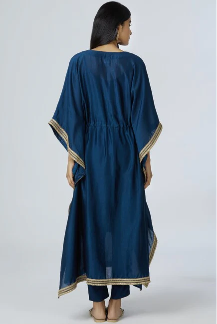 Chanderi Silk Kaftan Pant Set in Turquoise Blue - Image 6