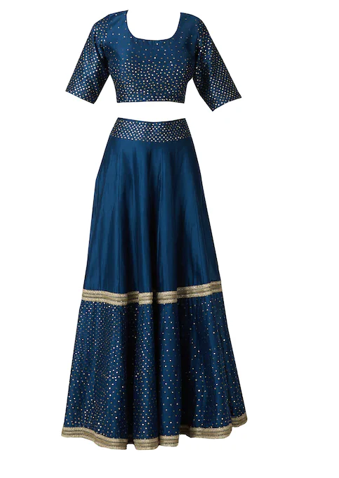 Chanderi Silk - Turquoise Blue Sequin Embroidered Lehenga Set - Image 4