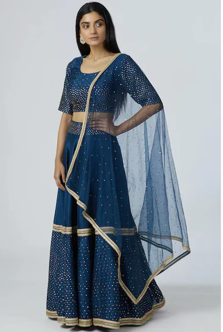 Chanderi Silk - Turquoise Blue Sequin Embroidered Lehenga Set - Image 5
