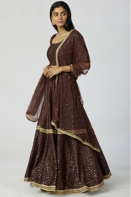 Chanderi Silk Embellished Lehenga Set in Brown - Image 4