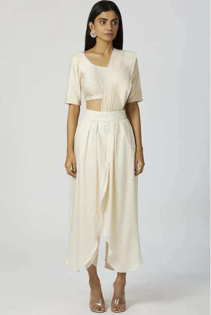 Chanderi Silk - White Embroidered Pre-Draped Pant Saree - Image 4
