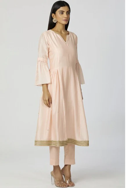Chanderi Silk - Sequin Embroidered Anarkali Set in Peach - Image 3