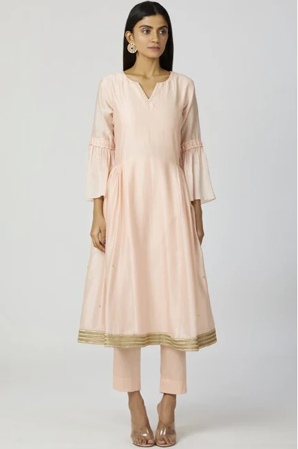 Chanderi Silk - Sequin Embroidered Anarkali Set in Peach - Image 4
