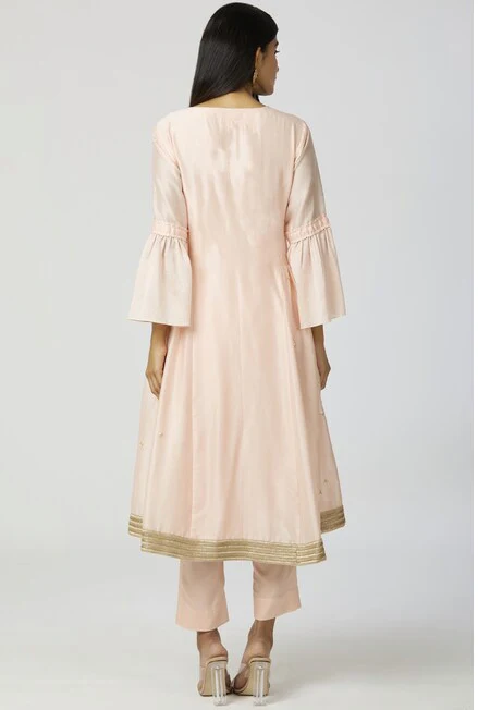 Chanderi Silk - Sequin Embroidered Anarkali Set in Peach - Image 6