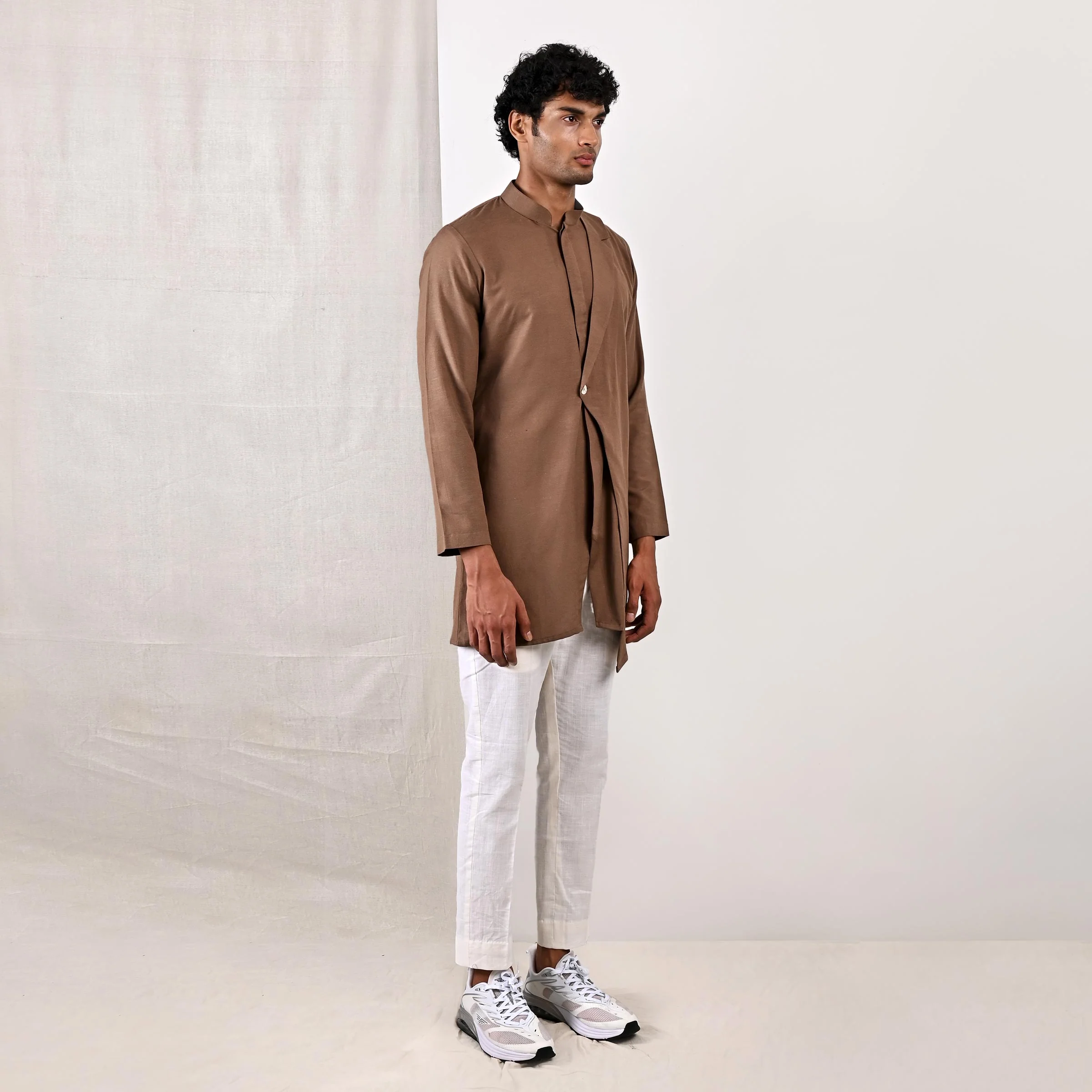 Cillian - Light Brown Short Kurta With Off White Pant Set - Image 3