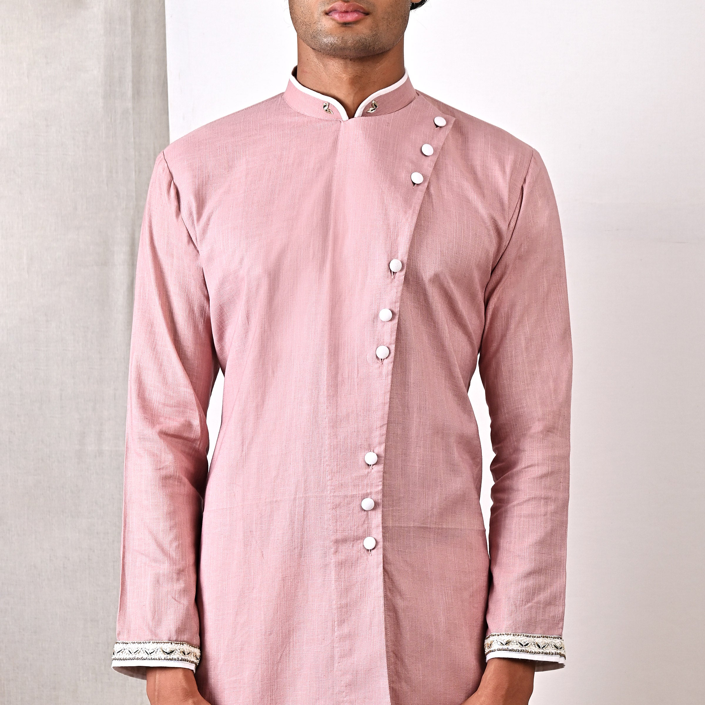 Colton- Mauve Hand Embroidery Asymmetric Kurta with Off-White Pant Set - Image 2