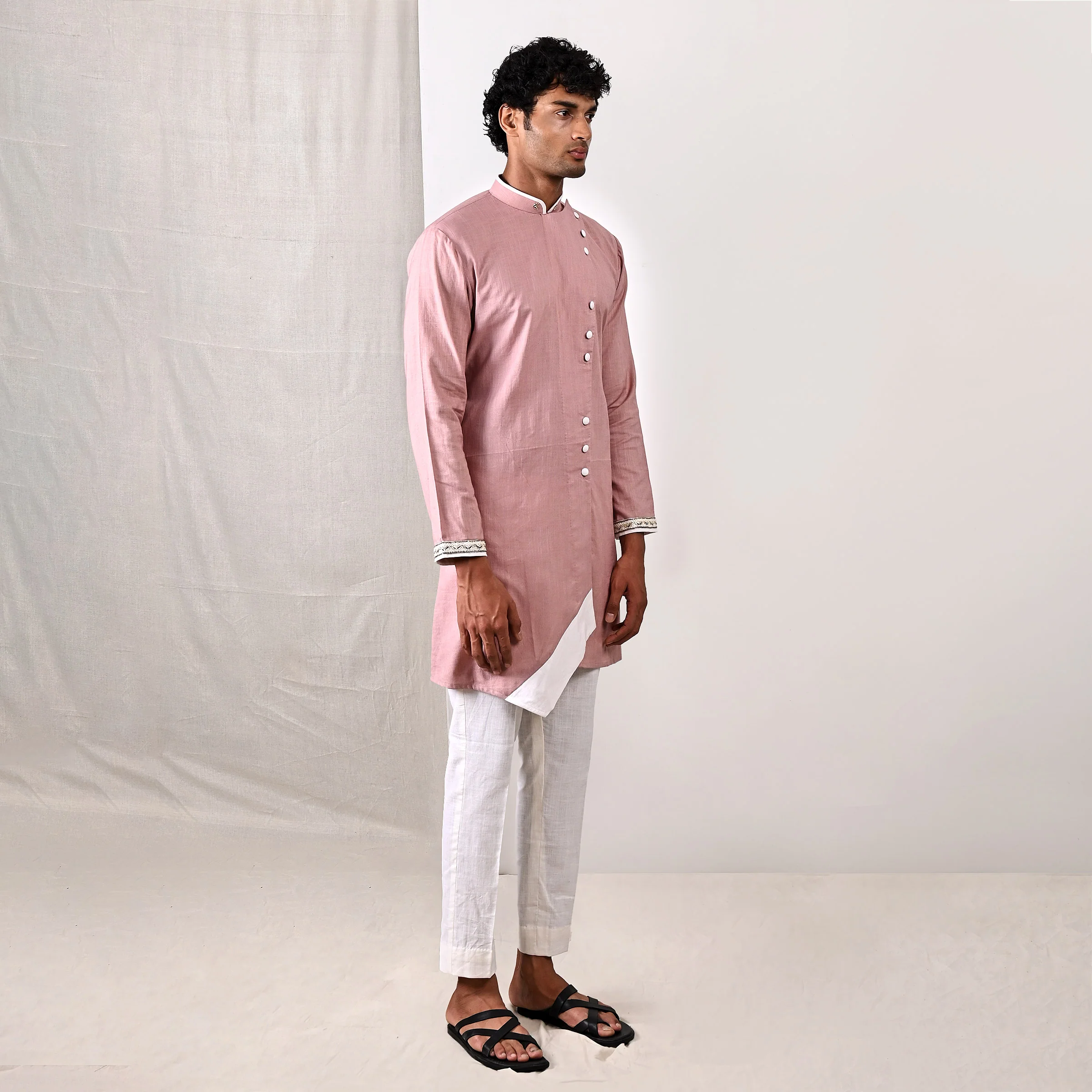 Colton- Mauve Hand Embroidery Asymmetric Kurta with Off-White Pant Set - Image 3