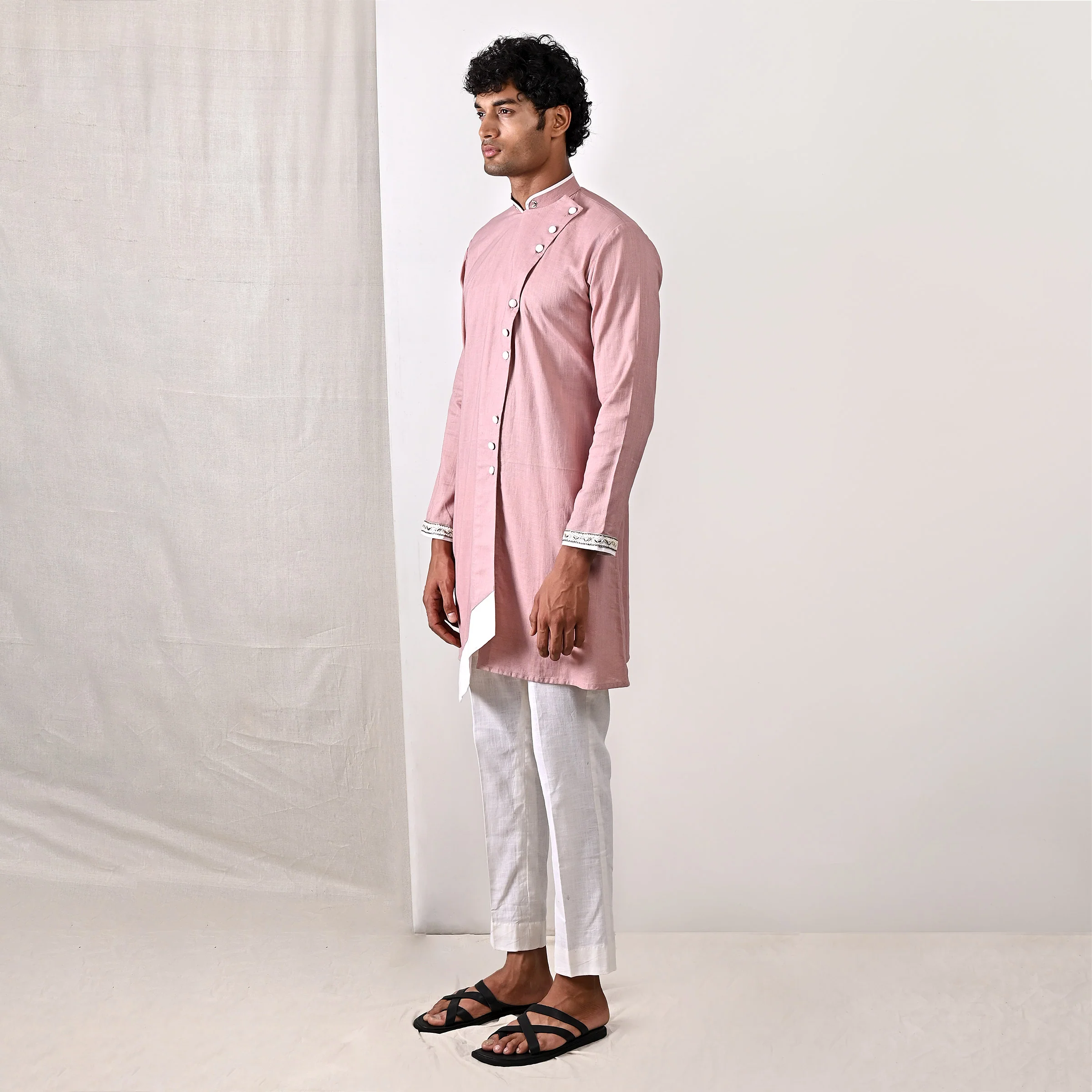 Colton- Mauve Hand Embroidery Asymmetric Kurta with Off-White Pant Set - Image 4
