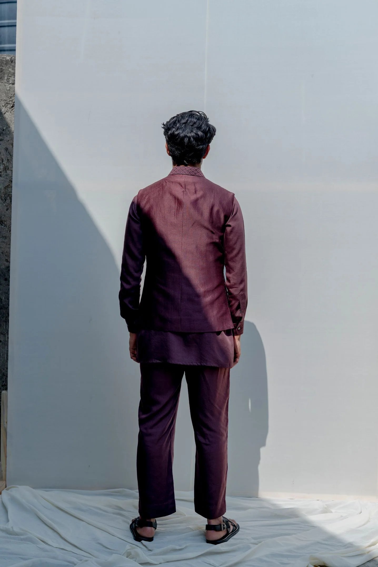 Compendium- Brown Overlapped Embroidered Jacket with Kurta Set - Image 3
