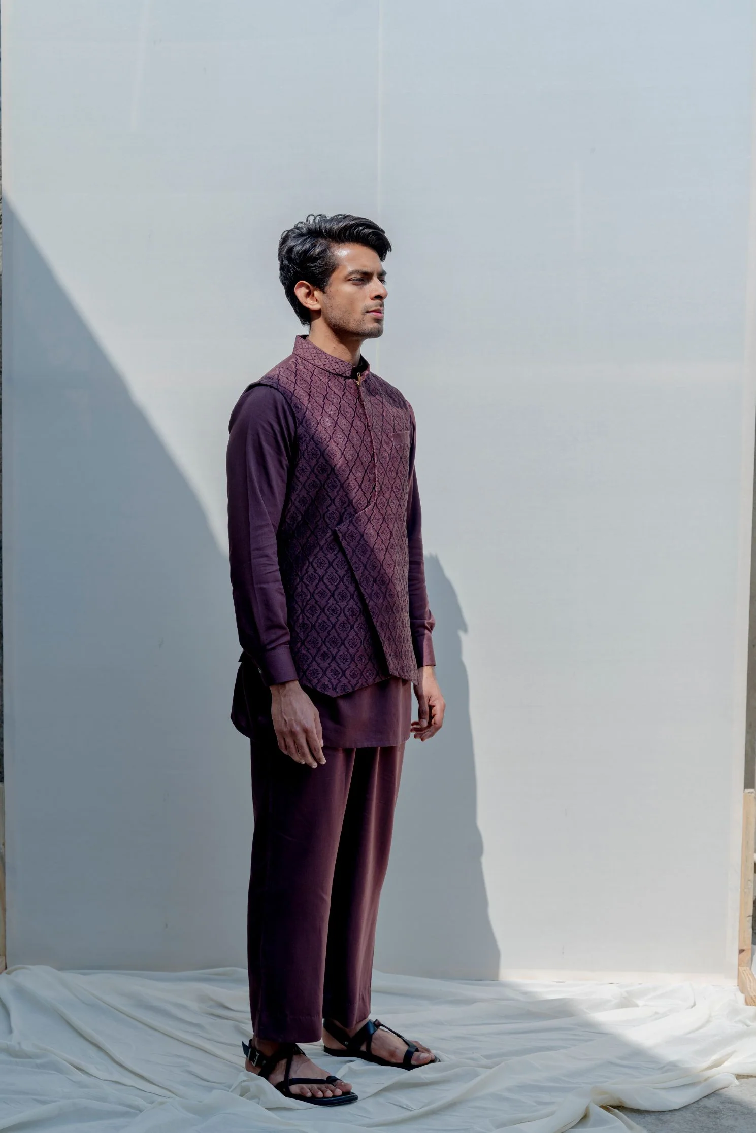 Compendium- Brown Overlapped Embroidered Jacket with Kurta Set - Image 4