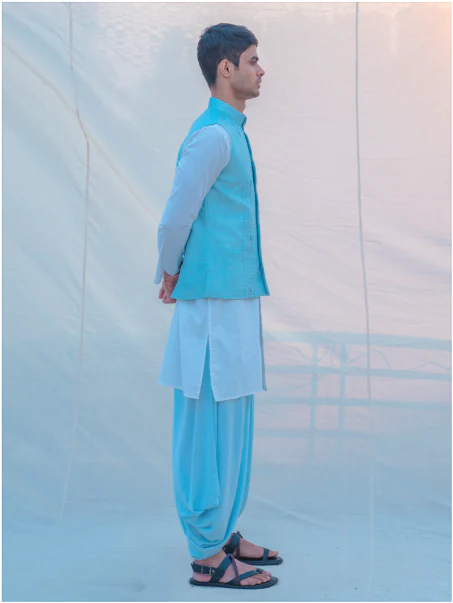 Aqua Blue Hand Embroidered Nehru Jacket with Dhoti & Kurta Set - Image 3