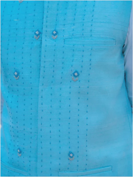 Aqua Blue Hand Embroidered Nehru Jacket with Dhoti & Kurta Set - Image 4