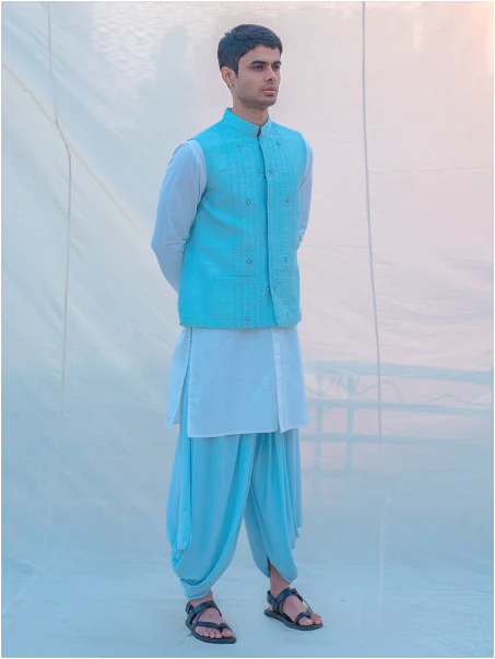 Aqua Blue Hand Embroidered Nehru Jacket with Dhoti & Kurta Set - Image 5